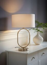 ValueLights Antonia Fabric Drum Lamp Shade Brushed Chrome Oval Table Lamp & Bulb in White - thumbnail 2