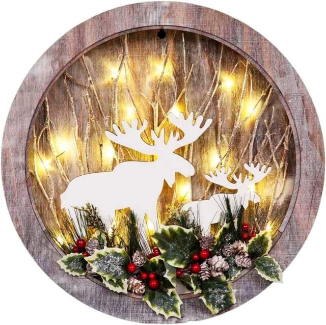 Shatchi B/O LED Wooden Reindeer Scene - Wreath Shape - D30xW4.5 in Brown - image 1