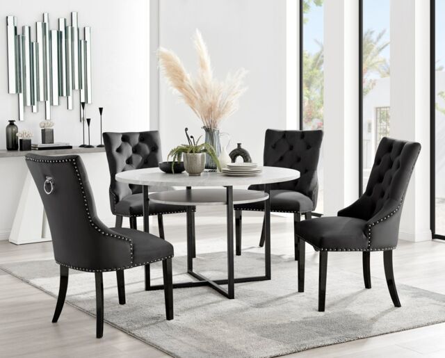FurnitureboxUK Adley Grey Concrete Effect Round Dining Table & 4 Belgravia Velvet Black Leg Chairs - image 1