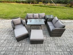 Fimous 7 PCS Outdoor Lounge Sofa Set Wicker PE Rattan Garden Furniture Set with Rectangular Dining Table Armchair 2 Big Footstool Side Table - thumbnail 1