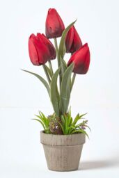 Homescapes Artificial Tulips in Grey Decorative Stone Pot, 27 cm in Red - thumbnail 1
