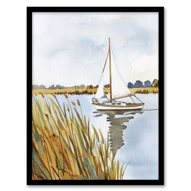 Artery8 Norfolk Broads England River Sailboat Watercolour Framed Art Print in Light Blue - Size: A4 - image 1
