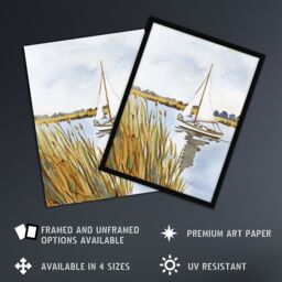 Artery8 Norfolk Broads England River Sailboat Watercolour Framed Art Print in Light Blue - Size: A4 - thumbnail 2