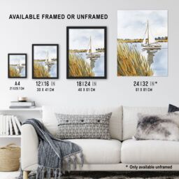Artery8 Norfolk Broads England River Sailboat Watercolour Framed Art Print in Light Blue - Size: A4 - thumbnail 3