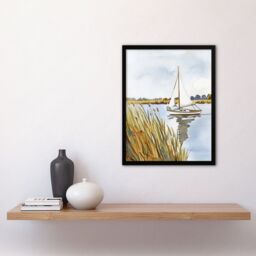 Artery8 Norfolk Broads England River Sailboat Watercolour Framed Art Print in Light Blue - Size: A4 - thumbnail 4
