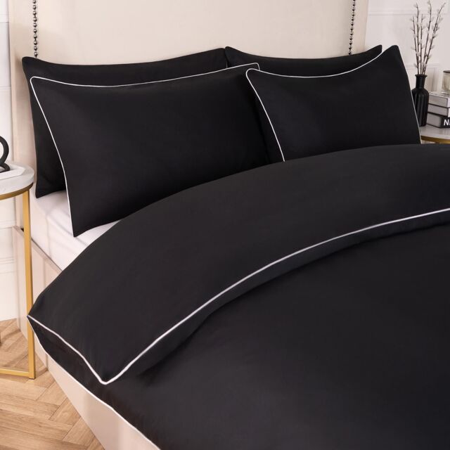 OHS Piped Edge Bedding Set Soft Duvet Cover with Pillowcase in Black - Size: Double - image 1