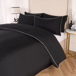 OHS Piped Edge Bedding Set Soft Duvet Cover with Pillowcase in Black - Size: Double - thumbnail 4