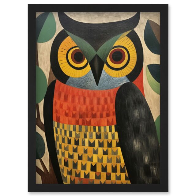 Artery8 Wall Art Print Folk Art Geometric Owl Boho Colours Yellow Coral Green Bold but Subtle Artwork Framed A4 in Black - image 1