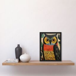 Artery8 Wall Art Print Folk Art Geometric Owl Boho Colours Yellow Coral Green Bold but Subtle Artwork Framed A4 in Black - thumbnail 2