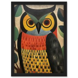Artery8 Wall Art Print Folk Art Geometric Owl Boho Colours Yellow Coral Green Bold but Subtle Artwork Framed A4 in Black - thumbnail 1