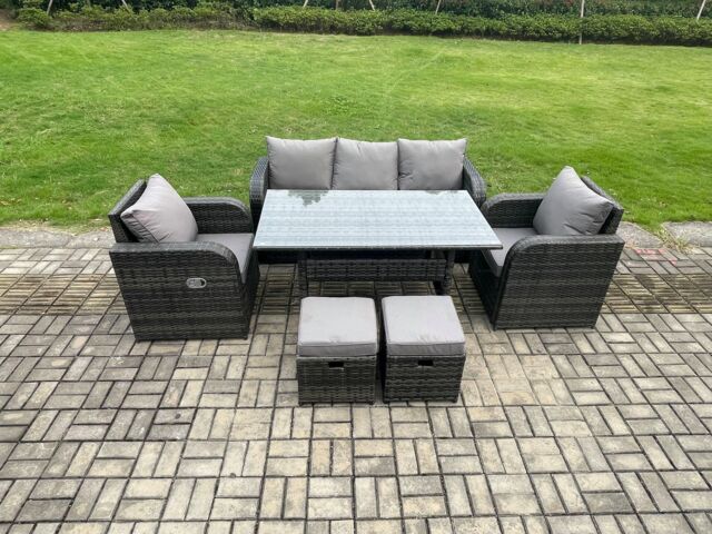 Fimous Rattan Garden Furniture 6 Piece Grey Patio Furniture Set Patio Conservatory 7 Seater Set Outdoor Rectangular Table & Chairs in Dark Grey - image 1