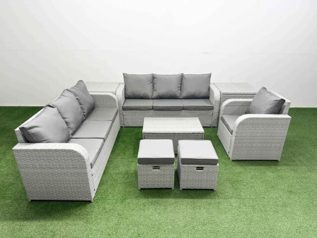 Fimous 9 Seater Poly Rattan Outdoor Garden Furniture Sofa Set Patio 3 Seater Sofa Reclining Chair 3 Seater Sofa Stools 2 Side Table Light Grey - image 1