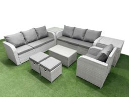 Fimous 9 Seater Poly Rattan Outdoor Garden Furniture Sofa Set Patio 3 Seater Sofa Reclining Chair 3 Seater Sofa Stools 2 Side Table Light Grey - thumbnail 2