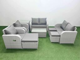 Fimous 9 Seater Outdoor Reclining Chair Love Sofa Set Rattan Garden Furniture Set with Rectangular Coffee Table 3 Stools Side Table Light Grey - thumbnail 1