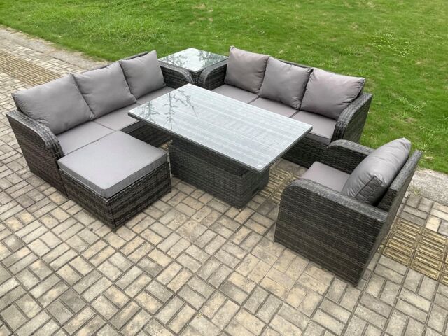 Fimous Outdoor Rattan Garden Furniture Sets Height Adjustable Rising lifting Dining Table Sofa Set with Reclining Chair Big Footstool in Dark Grey - image 1