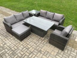 Fimous Outdoor Rattan Garden Furniture Sets Height Adjustable Rising lifting Dining Table Sofa Set with Reclining Chair Big Footstool in Dark Grey - thumbnail 2
