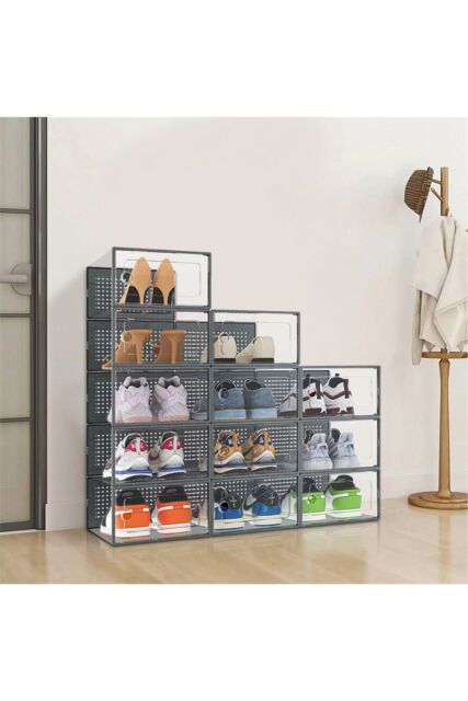 Living and Home 12Pcs Stackable Foldable Boxes Shoes Organizer Clear Plastic Shoe Storage Box in Grey - image 1