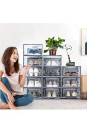 Living and Home 12Pcs Stackable Foldable Boxes Shoes Organizer Clear Plastic Shoe Storage Box in Grey - thumbnail 2