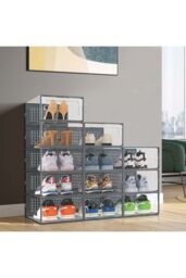Living and Home 12Pcs Stackable Foldable Boxes Shoes Organizer Clear Plastic Shoe Storage Box in Grey - thumbnail 6