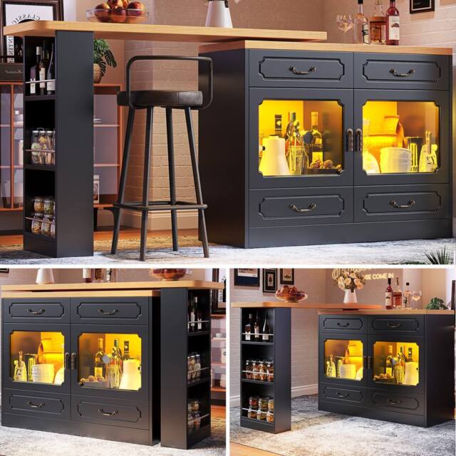 Rolipo Extendable Black Rotating Bar Table Kitchen Island with Storage - image 1