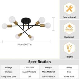 Kelvenix Adjustable 6-head Ceiling Light E27 Metal Retro Vintage Chandelier in Black - thumbnail 2