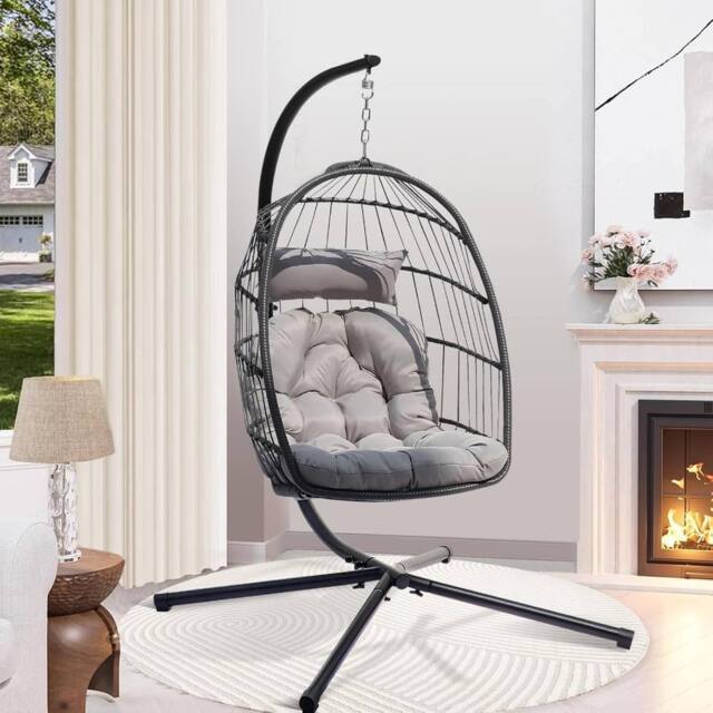 Lishetimig Hanging Egg Chair with Stand with Cushion & Headrest in Grey - image 1