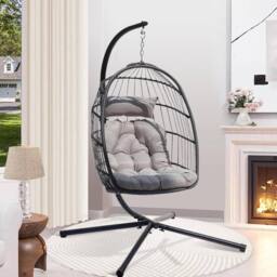 Lishetimig Hanging Egg Chair with Stand with Cushion & Headrest in Grey - thumbnail 1