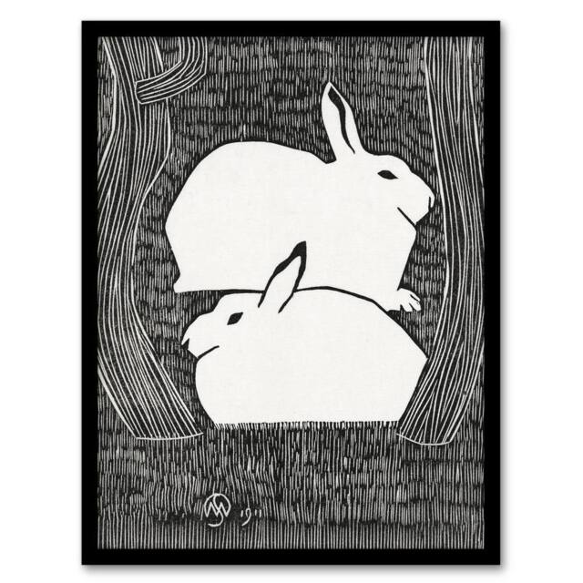 "Artery8 Two Stylised Snow Hares Samuel J De Mesquita Framed Wall Art Print in Black - Size: W12"" x H16""" - image 1