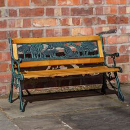 Samuel Alexander Kids 2 Seater Wooden & Cast Iron Garden Patio Childrens Bench with Animal Design in Brown - thumbnail 3