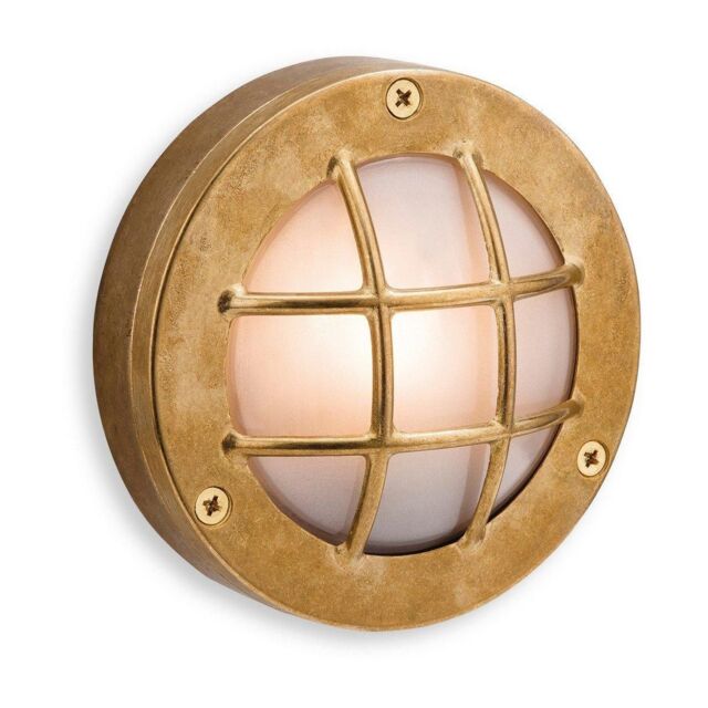 Netlighting Nautic 1 Light Outdoor Wall Flush Light Brass Frosted Glass IP64 G9 in Gold
