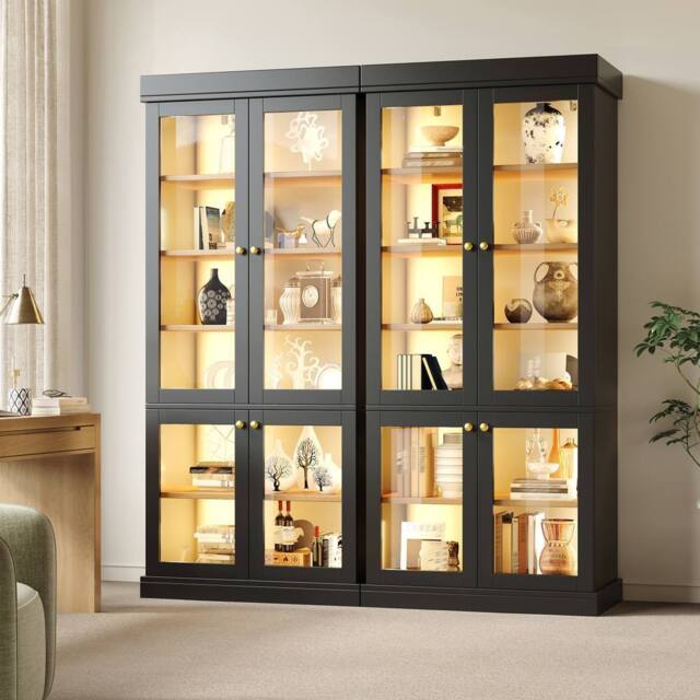 BTM LED Glass Display Cabinet Freestanding Storage White in Black - image 1