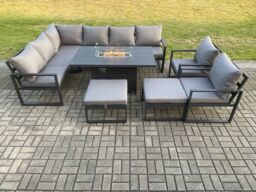 Fimous Aluminium Patio Outdoor Garden Furniture Corner Sofa Set Gas Fire Pit Dining Table with 2 Chairs 2 Big Footstools Dark Grey - thumbnail 2