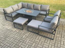 Aluminium Patio Outdoor Garden Furniture Corner Sofa Set Gas Fire Pit Dining Table with 2 Chairs 2 Big Footstools Dark Grey