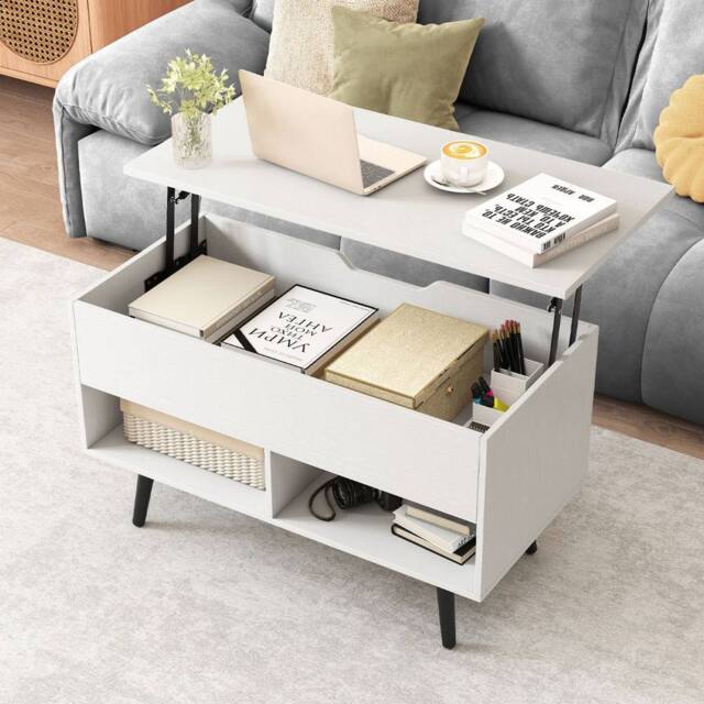Costway Lift Top Coffee Table Mid Century Modern Accent Table w/Shelves in White - image 1