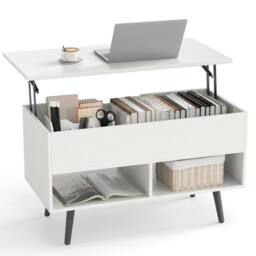 Costway Lift Top Coffee Table Mid Century Modern Accent Table w/Shelves in White - thumbnail 3