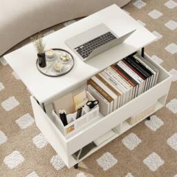 Costway Lift Top Coffee Table Mid Century Modern Accent Table w/Shelves in White - thumbnail 9