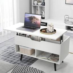 Costway Lift Top Coffee Table Mid Century Modern Accent Table w/Shelves in White - thumbnail 8