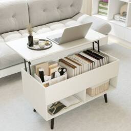 Costway Lift Top Coffee Table Mid Century Modern Accent Table w/Shelves in White - thumbnail 7
