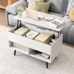 Costway Lift Top Coffee Table Mid Century Modern Accent Table w/Shelves in White - thumbnail 1