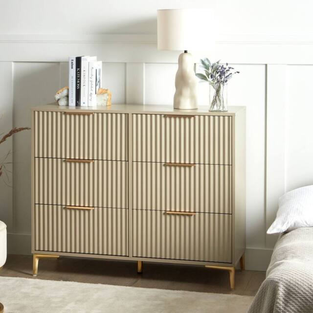 Wyld and Coco Beige 6-Drawer Chest with Fluted Fronts and Gold Handles - image 1