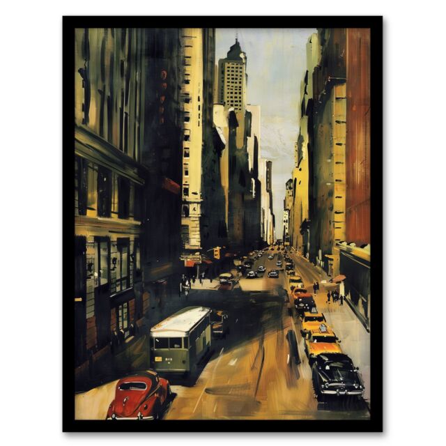 "Artery8 5th Avenue 1950s Painting Vintage Cars New York Framed Art Print in Brown - Size: W12"" x H16""" - image 1