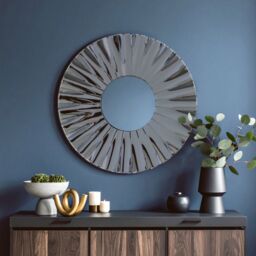 Orsina Contemporary Round Silver Wall Mirror, Sculptural Decorative Mirror with Radial Pattern, Statement Wall Décor in Grey