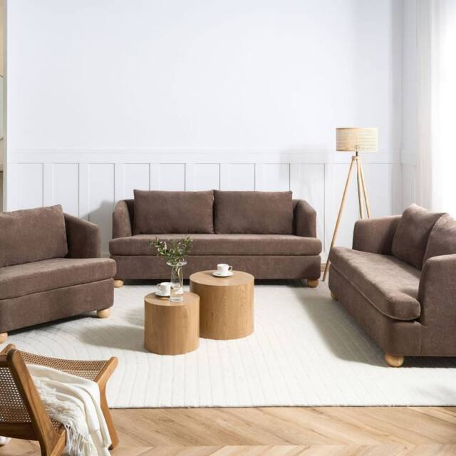 Wyld and Coco 6-Seater Brown Chenille Sofa Set with Round Eucalyptus Wood Legs - image 1