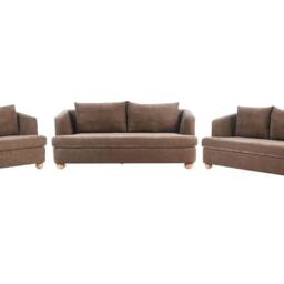 Wyld and Coco 6-Seater Brown Chenille Sofa Set with Round Eucalyptus Wood Legs - thumbnail 2