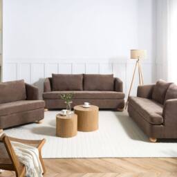 Wyld and Coco 6-Seater Brown Chenille Sofa Set with Round Eucalyptus Wood Legs