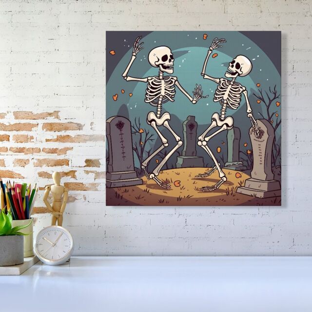 Warren Reed - Designer Dancing Skeletons In A Graveyard Canvas in Black - Size: w10 inch x h10 inch - image 1