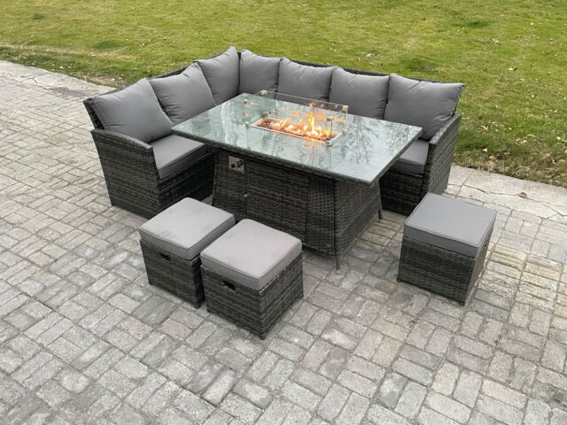 Fimous Rattan Garden Furniture High Back Corner Sofa Gas Fire Pit Dining Table Sets Gas Heater with 3 Small Footstools 9 Seater in Dark Grey - image 1