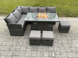 Fimous Rattan Garden Furniture High Back Corner Sofa Gas Fire Pit Dining Table Sets Gas Heater with 3 Small Footstools 9 Seater in Dark Grey - thumbnail 2