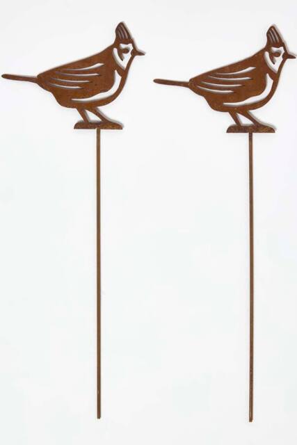 Homescapes Steel Crested Tit Garden Stake Decorations, Set of 2 in Brown - image 1