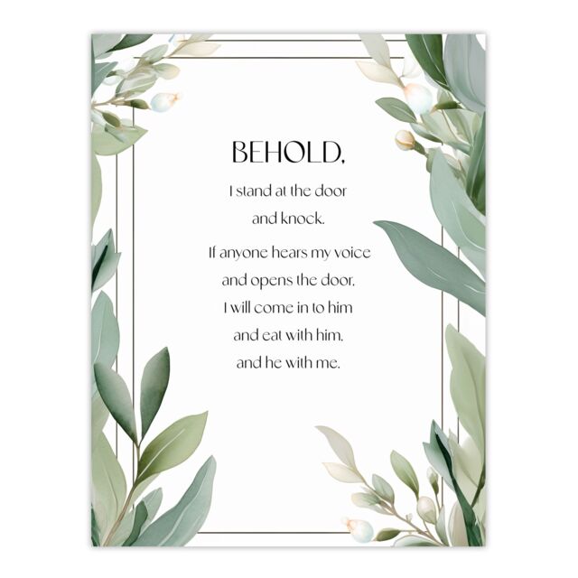 "Artery8 Wall Art Print Behold Stand at Door & Knock Green Christian Bible Quote Poster - Size: W24"" x H32""" - image 1